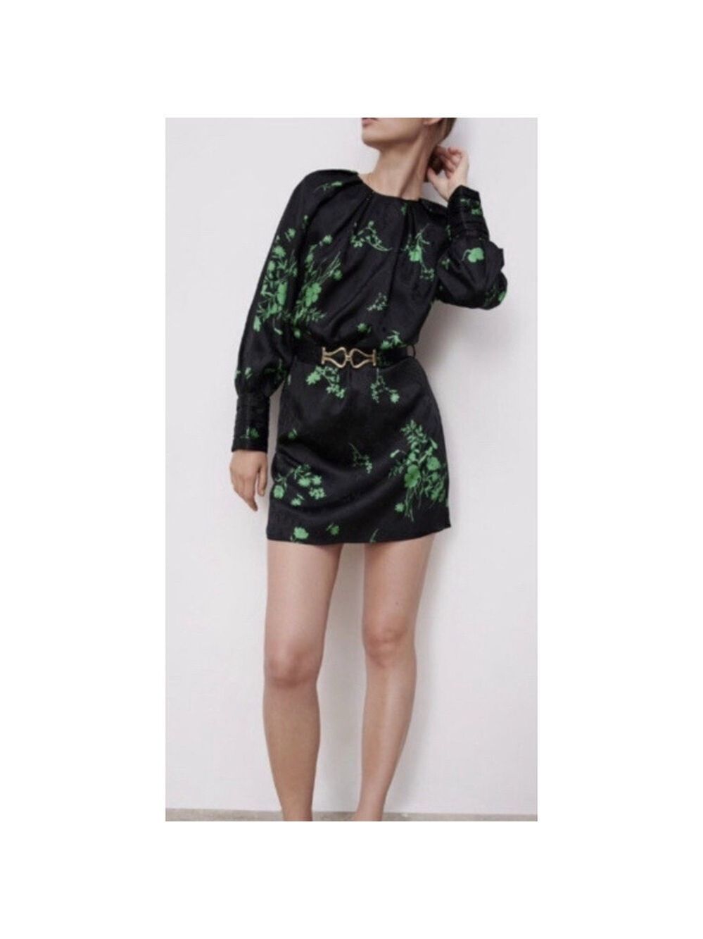 Zara Jacquard Dress Long Sleeved Black and Green Belted Size S NWT Blogger Fave